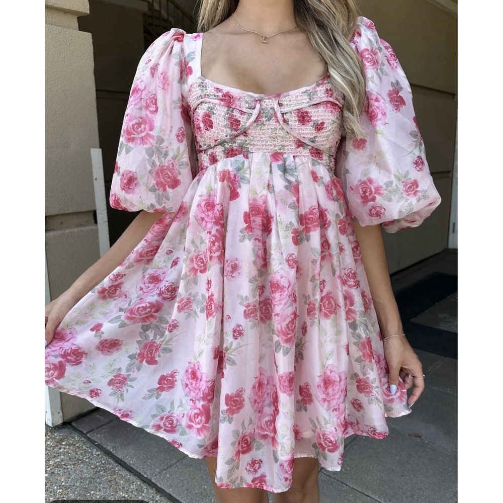 Sofie The Label S Dress Babydoll Pink Mini Puff Sleeve Rose Floral Cocktail NWT